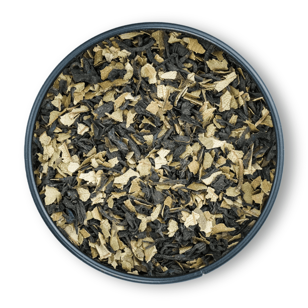 Runde Dose mit Bio Schwarztee Lemon Earl und hellen getrockneten Ingwerstücken.