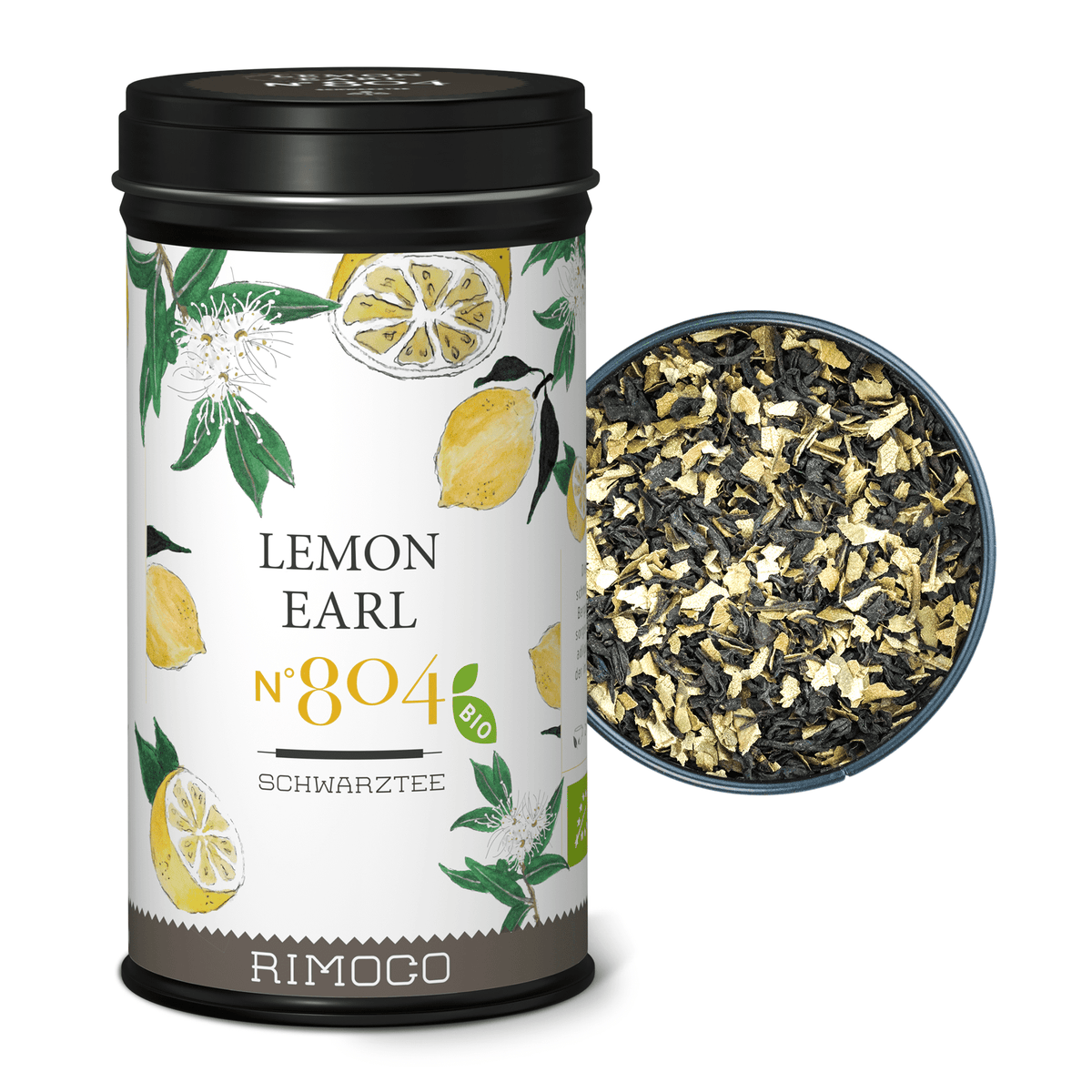 Bio Schwarztee Lemon Earl in Dose mit Zitronen auf dem Etikett, daneben lose Teeblätter im runden Behälter.