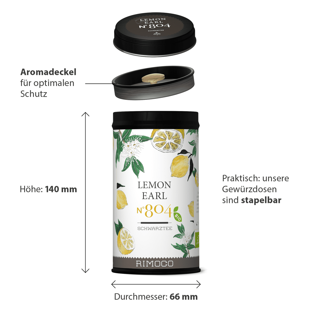 Schwarz-weiße Teedose mit Aufschrift Bio Schwarztee Lemon Earl, verziert mit Zitronen und Bergamotte.