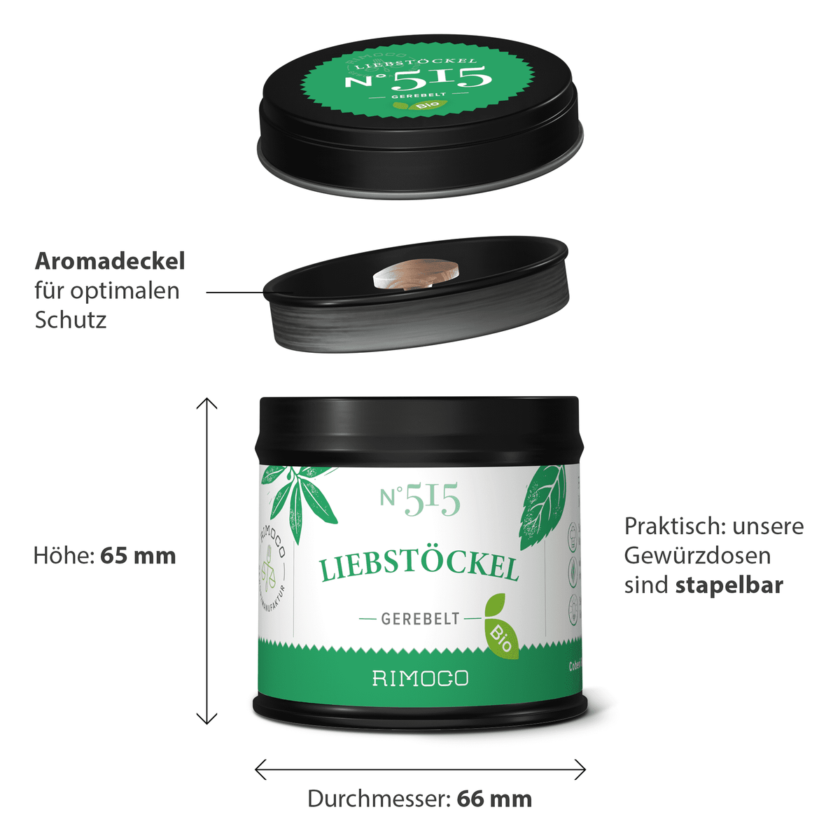 Dose Bio Liebstöckel gerebelt, grün und schwarz, mit Deckel.