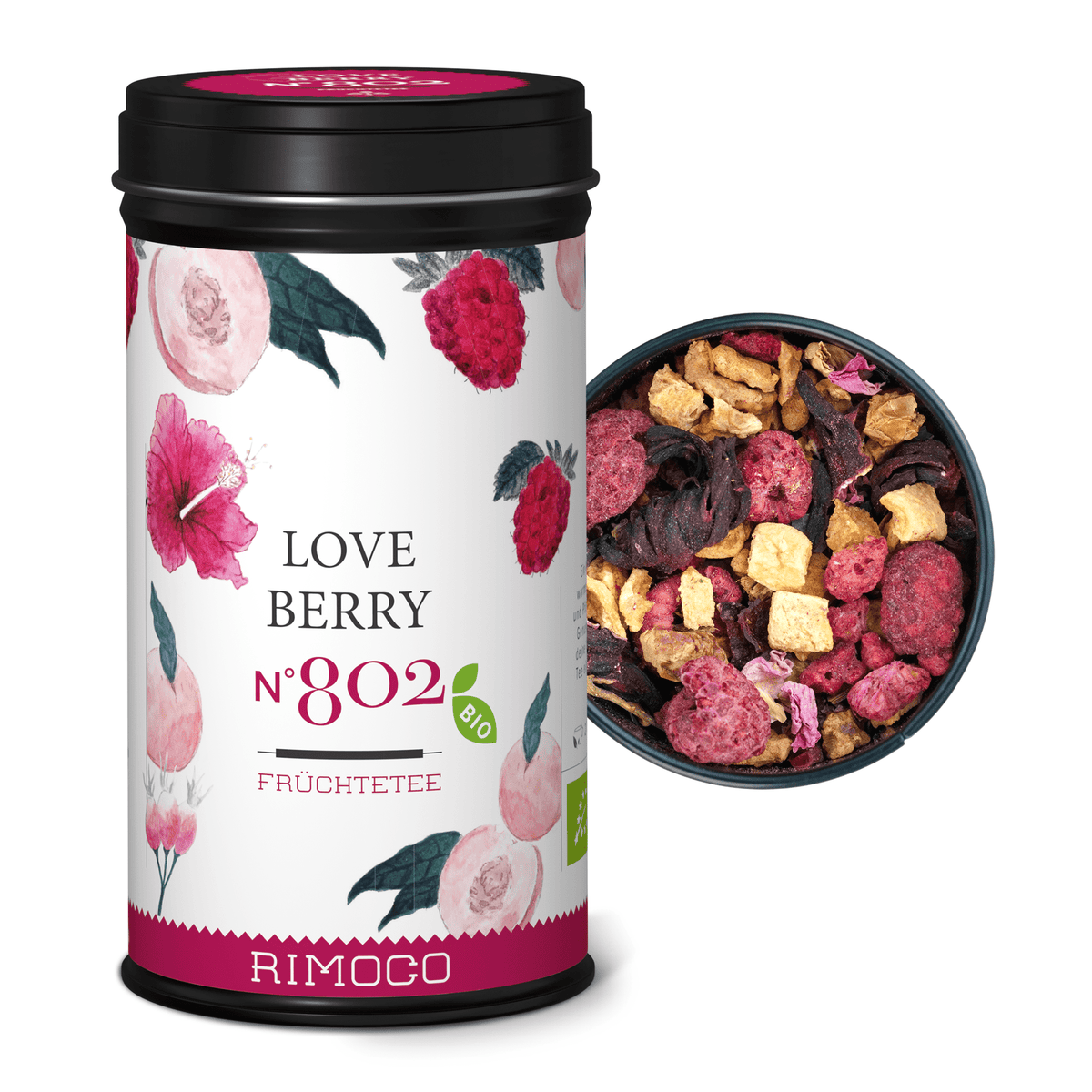 Bio Früchtetee Love Berry Dose neben einer Schale mit Rosen- und Hibiskusblüten.