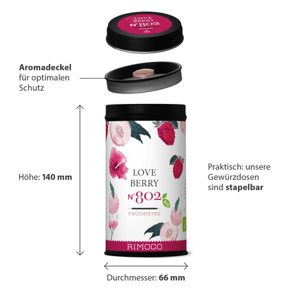 Bio Früchtetee Love Berry in zylindrischer Dose mit floraler Gestaltung und Deckel.