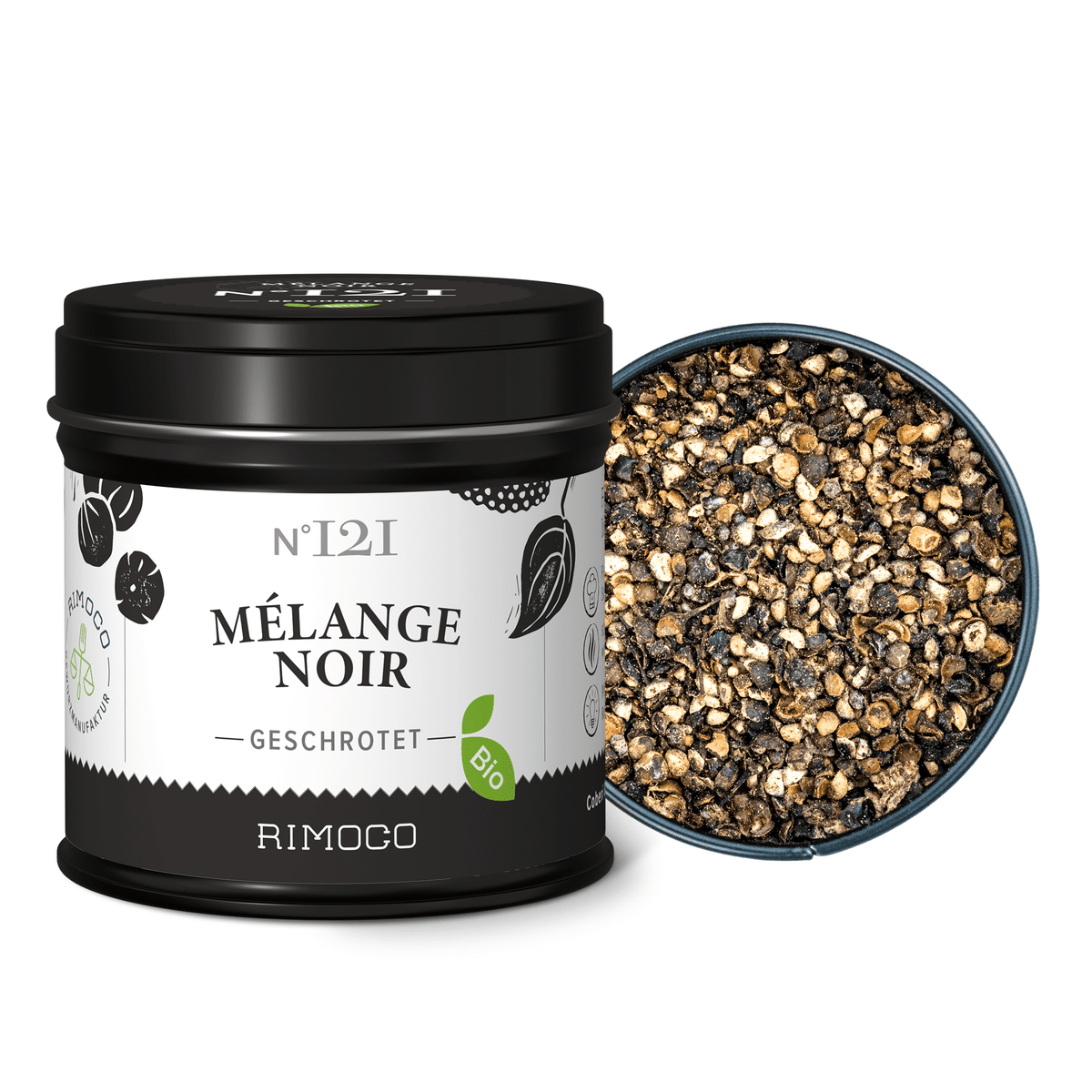 Bio Mélange Noir Dose neben geöffnetem Behälter mit gemahlenem Tellicherry-Pfeffer.