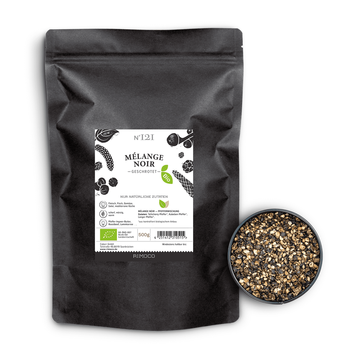 Schwarze Tüte mit Aufschrift Bio Mélange Noir neben einer Schale mit ganzen schwarzen Pfefferkörnern.