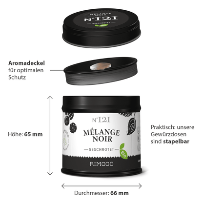 Bio Mélange Noir Gewürzdose, schwarz, mit Tellicherry Pfeffer und stapelbarem Deckel.