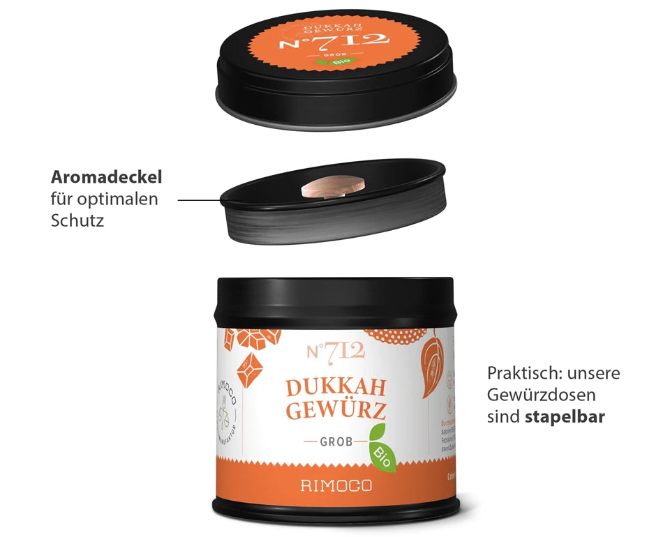 Schwarze und orangefarbene Dukkah-Gewürzdose mit Aromadeckel und stapelbarem Design.