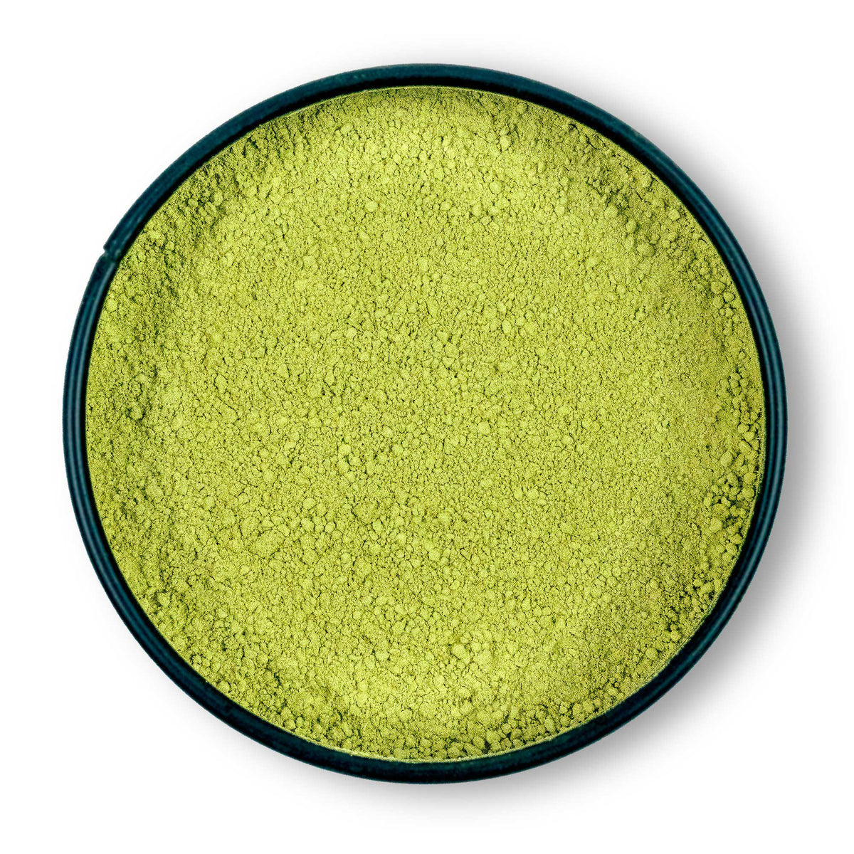Runde Dose mit Bio Matcha Tee, von oben sichtbar, gefüllt mit fein gemahlenem Matcha-Pulver.