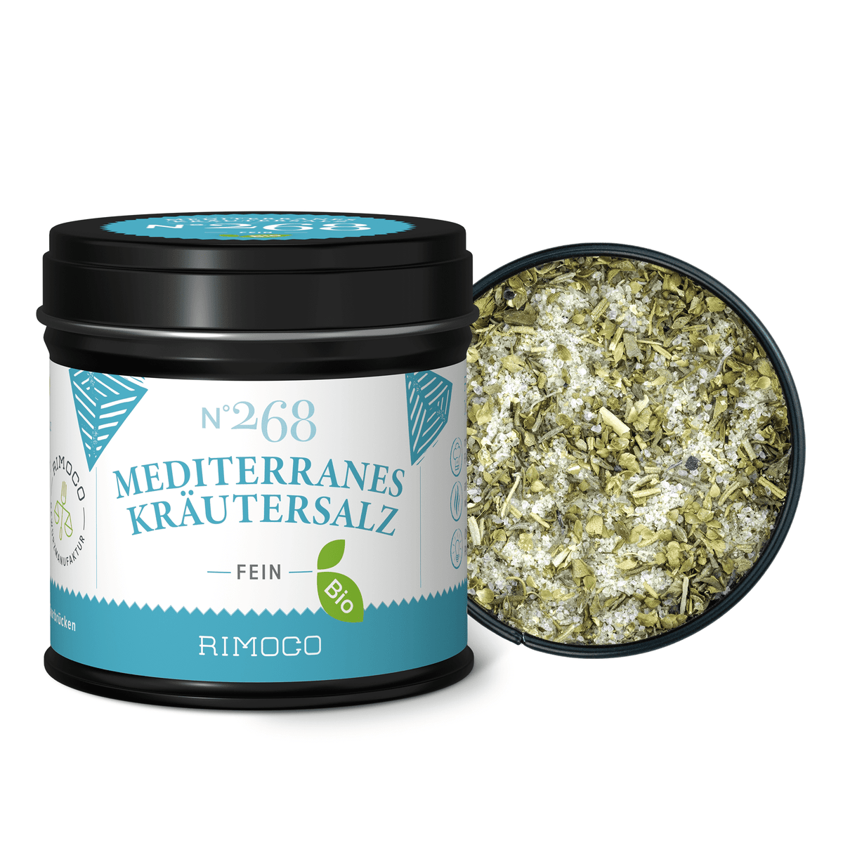 Bio Mediterranes Kräutersalz, Dose mit abgenommenem Deckel, Inhalt sichtbar.