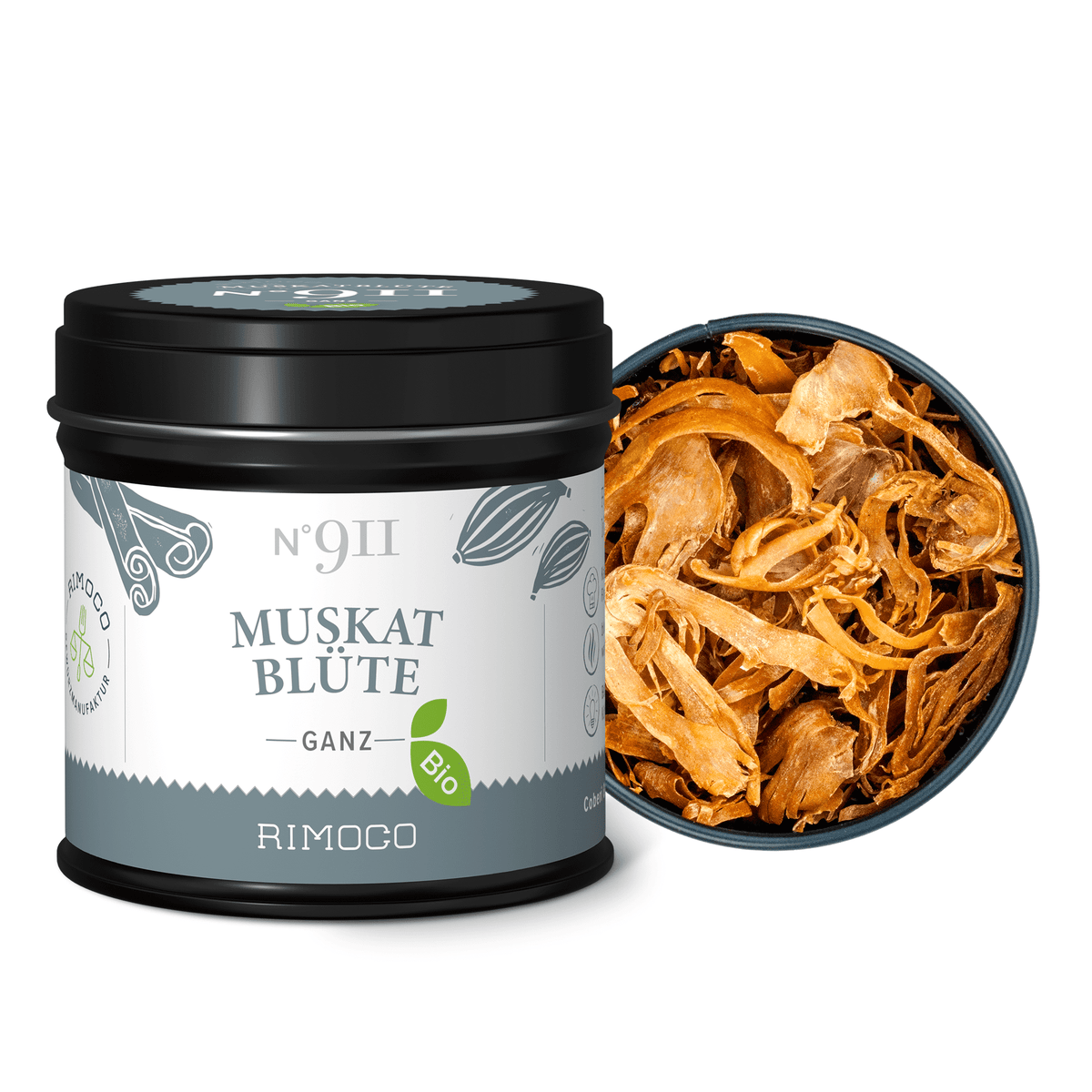 Bio Muskatblüte ganz Dose mit offenen Macis-Blüten, einige Gewürzblätter sind herausgefallen.