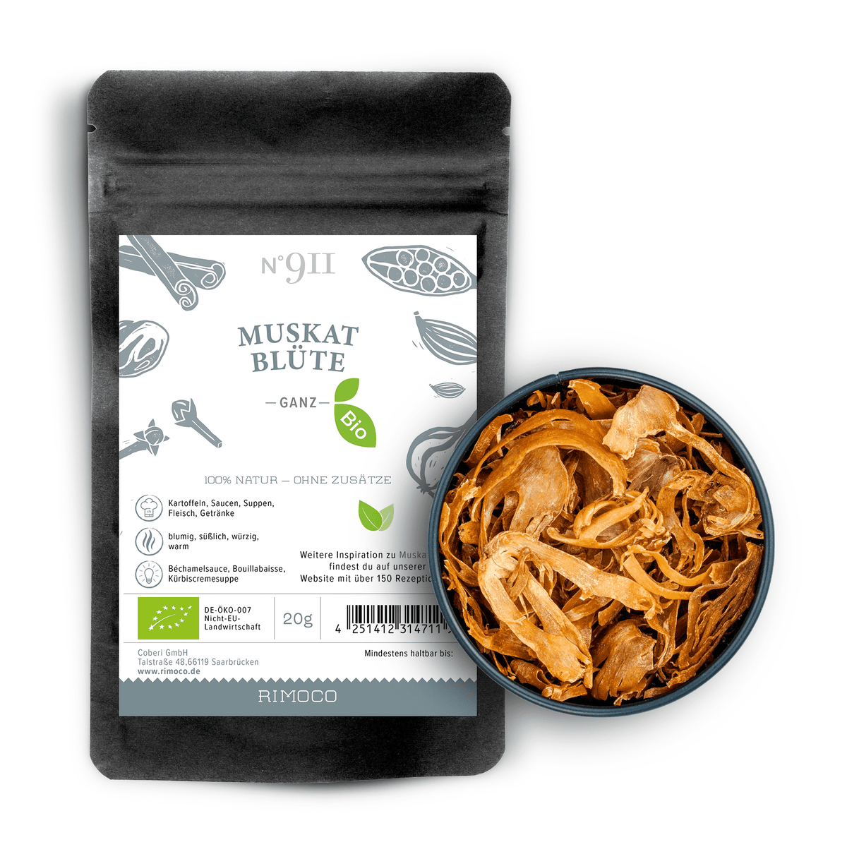 Bio Muskatblüte ganz: Packung mit schwarz-weißer Illustration und Schale mit ganzen Muskatblüten.
