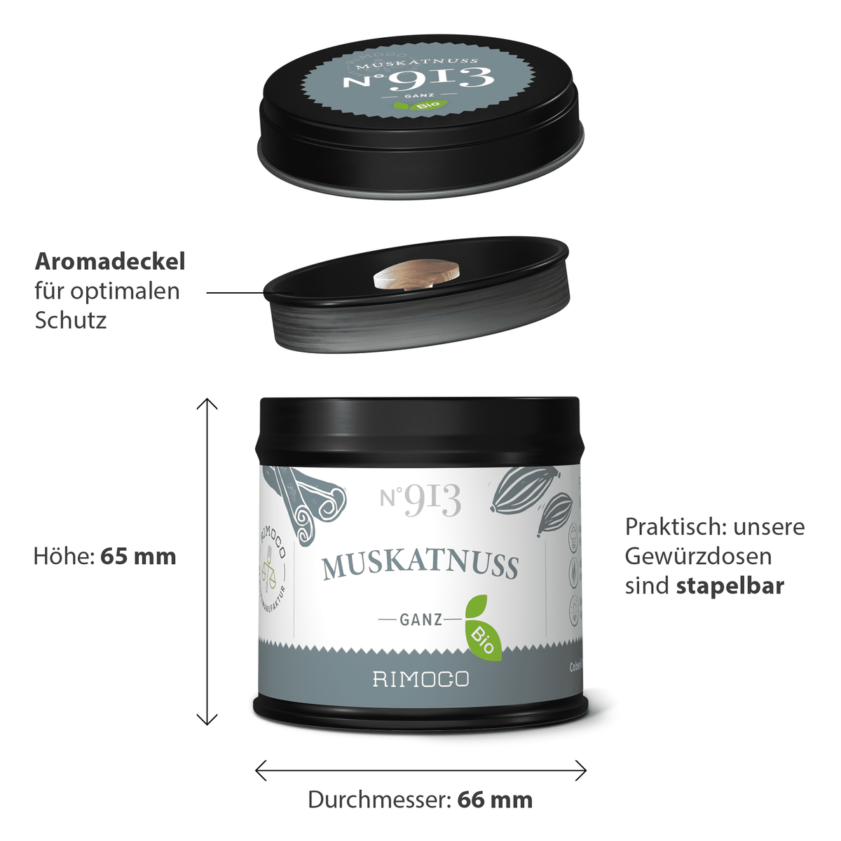 Bio Muskatnuss ganz, runde Dose mit schwarzem Deckel, Vorderseite sichtbar.