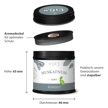 Bio Muskatnuss ganz, runde Dose mit schwarzem Deckel, Vorderseite sichtbar.