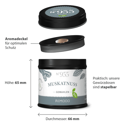 Schwarze Gewürzdose mit Aufschrift Bio Muskatnuss gemahlen und stapelbarem Deckel, komplett sichtbar.