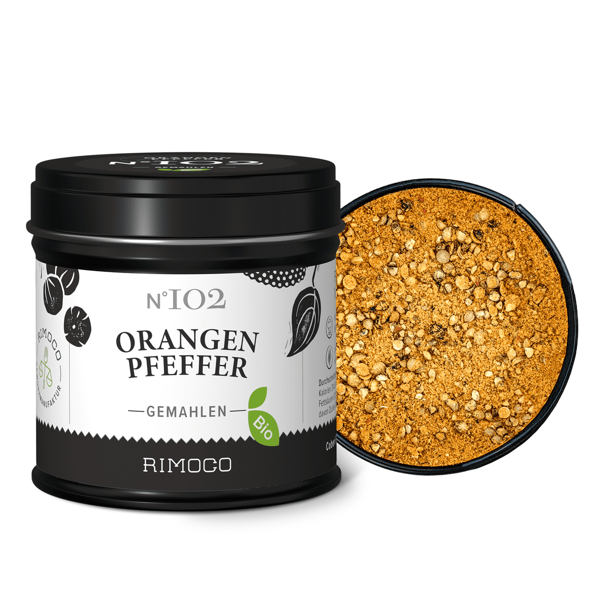 Schwarze runde Dose Bio Orangenpfeffer mit offenem Deckel und sichtbar gemahlenem Gewürz.