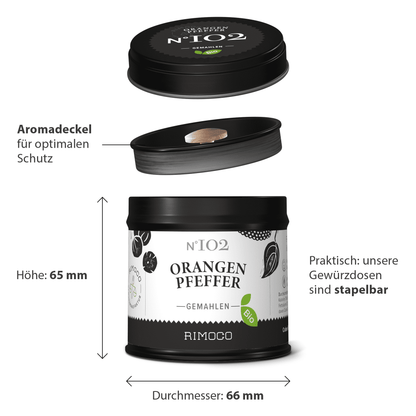 Bio Orangenpfeffer in schwarzer Dose mit deutscher Beschriftung und Maßangaben.