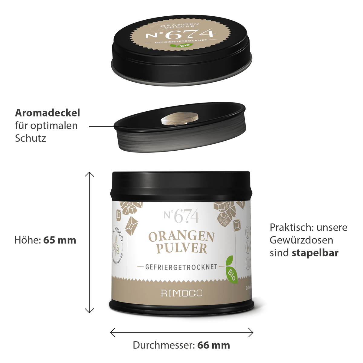 Dose Bio Orangenpulver in Schwarz-Beige mit Aromadeckel und Mess-Skala.