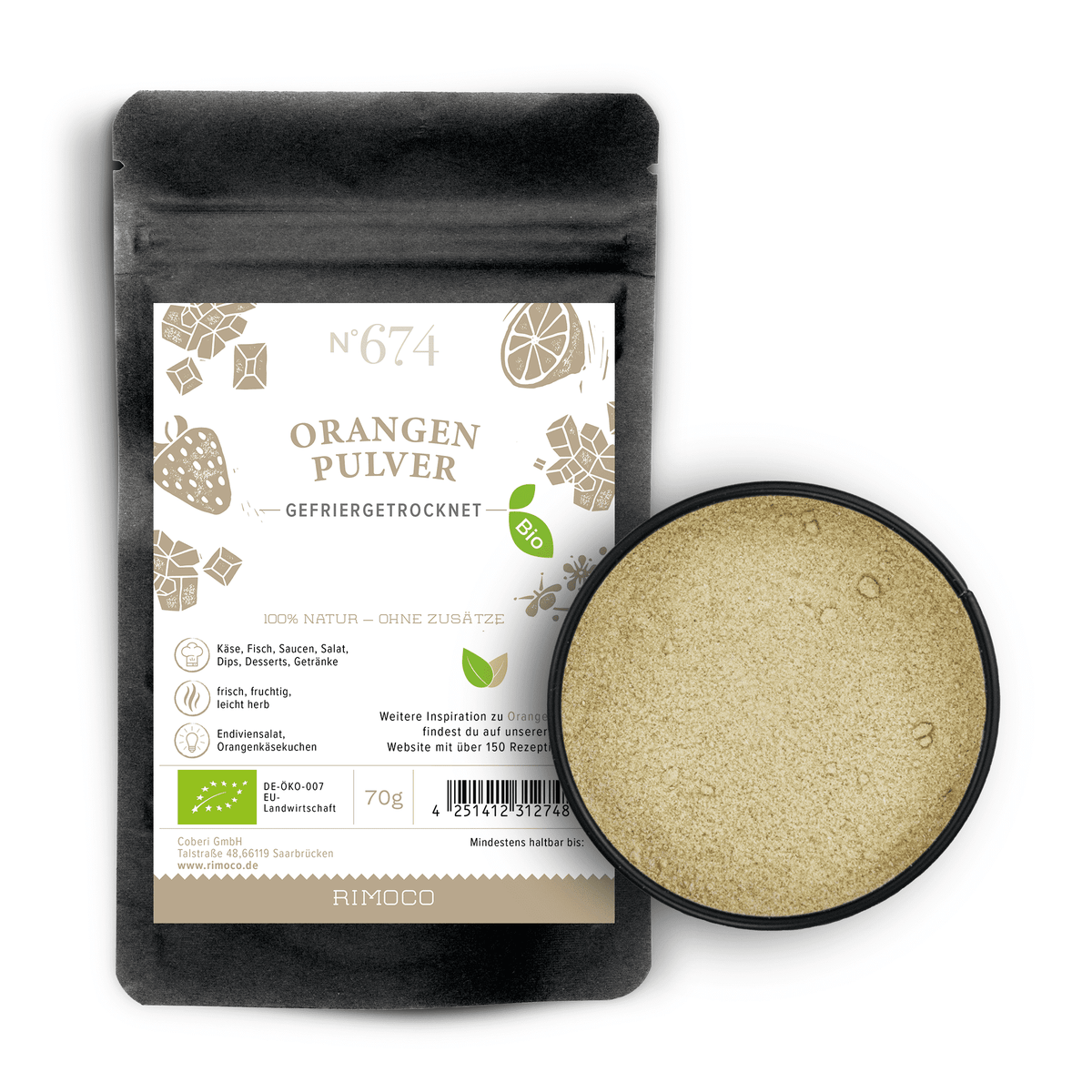 Bio Orangenpulver in Beutel und Schale, Verpackung mit Fruchtsymbolen.