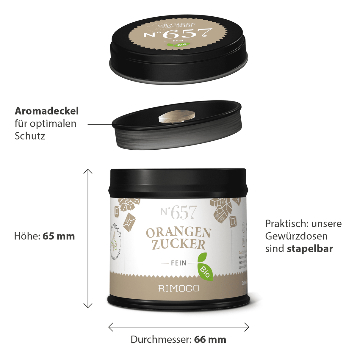 Bio Orangenzucker in schwarzer und beiger Dose mit abnehmbarem Deckel und stapelbarem Design.