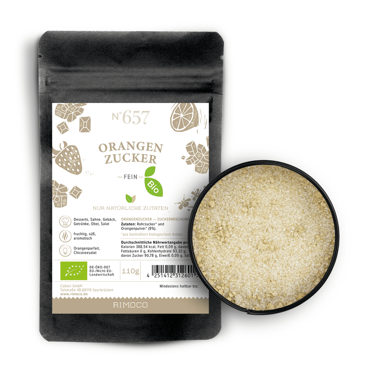 Bio Orangenzucker neben einer Schale mit feinen, orangefarbenen Zuckerkristallen.