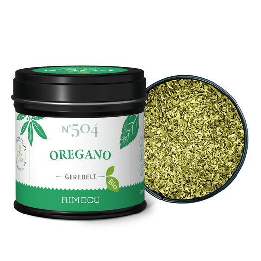 Geöffnete Dose mit gerebeltem Bio-Oregano, das getrocknete Oregano ist sichtbar.