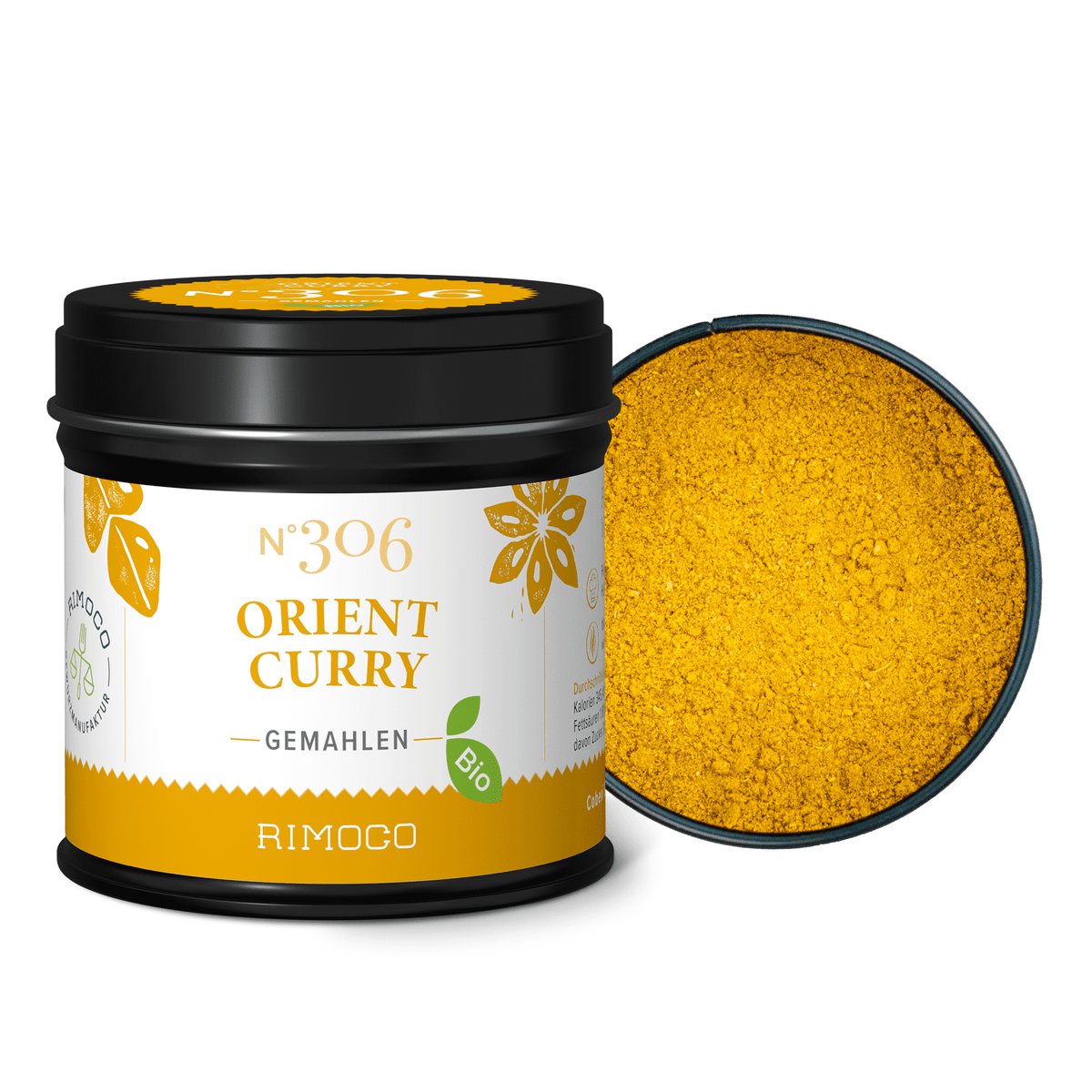 Bio Orient Curry Dose mit geöffnetem Deckel, darin leuchtend gelbes Currypulver sichtbar.