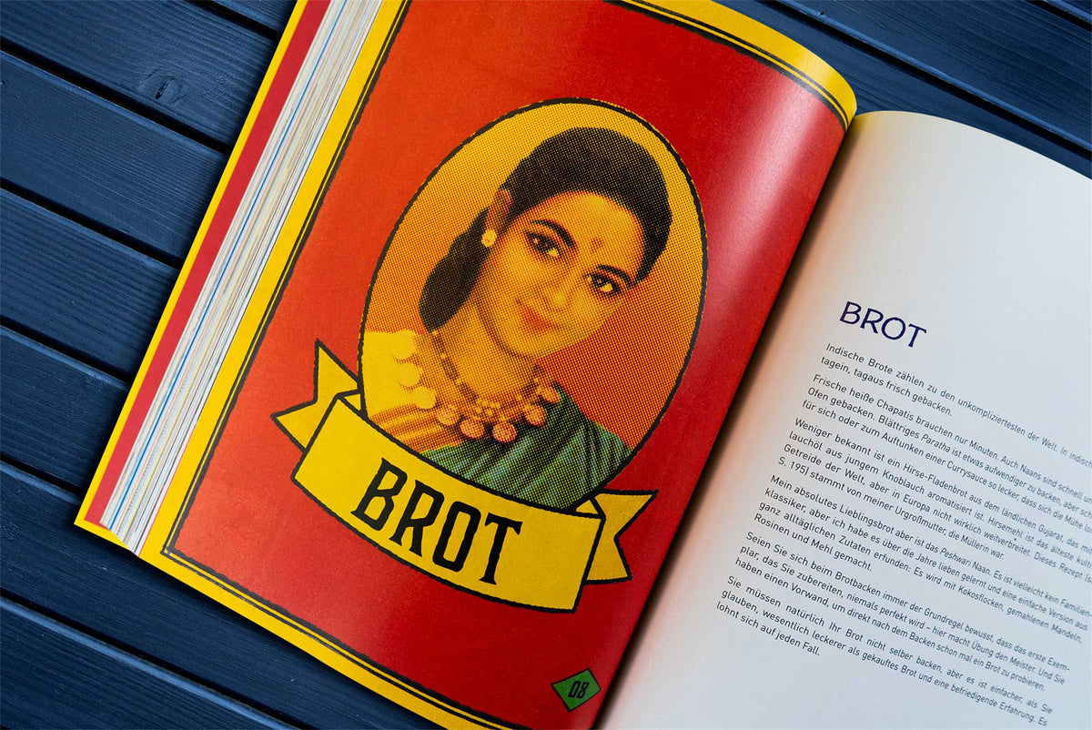 Offenes Buch mit Vintage-Porträt einer Frau und Dose Original Indisch, inspiriert von indischen Currys.