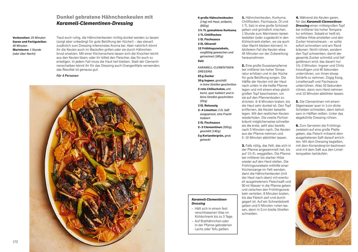 Ovale Schale mit Hähnchenschenkeln, Zitrusfrüchten, Kräutern und grobem Bio Dukkah.