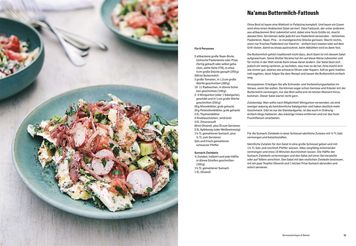 Buttermilch-Fattoush-Salat aus Palästina Das Kochbuch auf hellem Tisch.