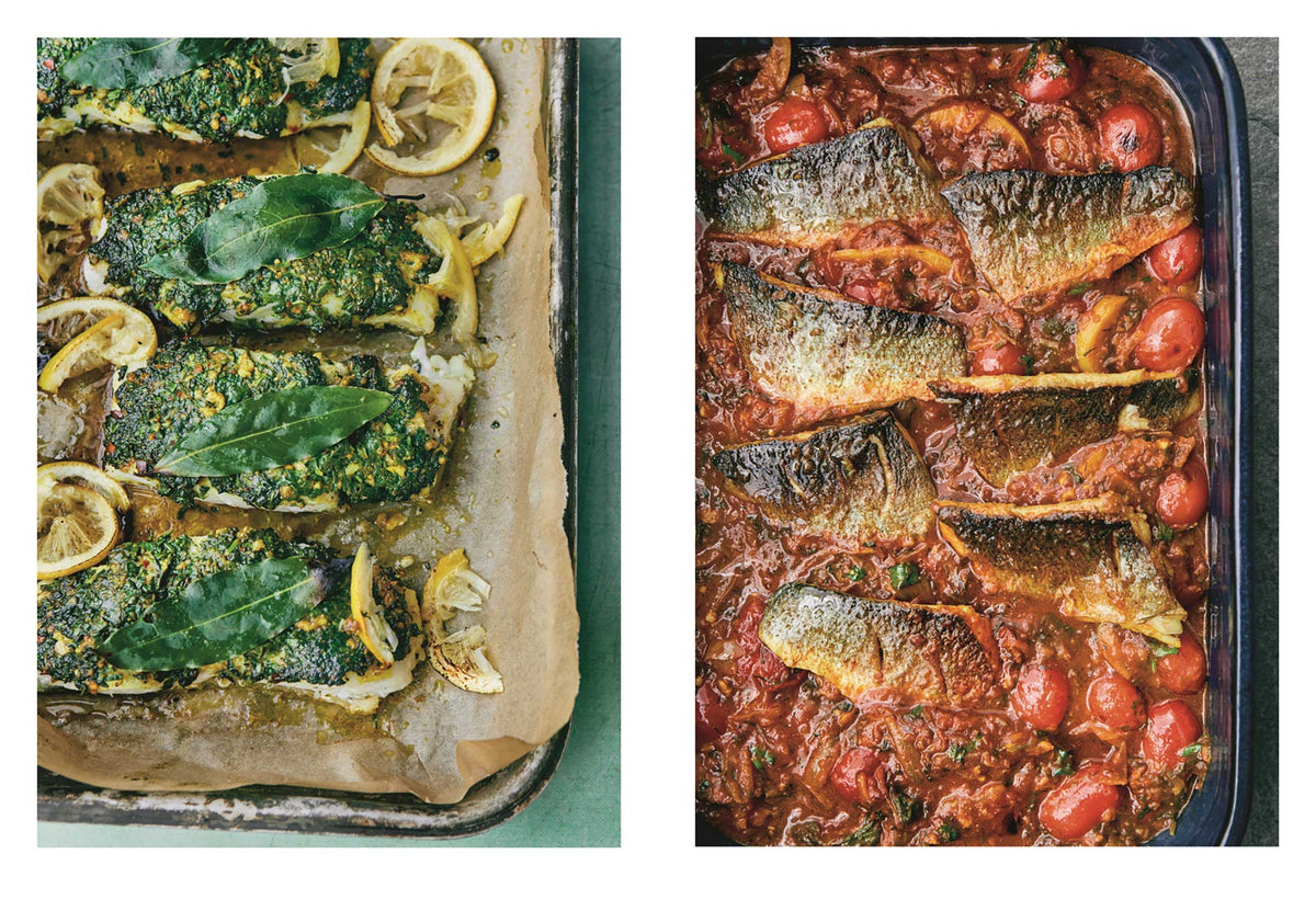 Links: Fisch mit Kräuterkruste; rechts: gebackener Fisch in Tomatensauce, Gewürzset sichtbar.