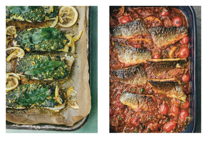 Links: Fisch mit Kräuterkruste; rechts: gebackener Fisch in Tomatensauce, Gewürzset sichtbar.