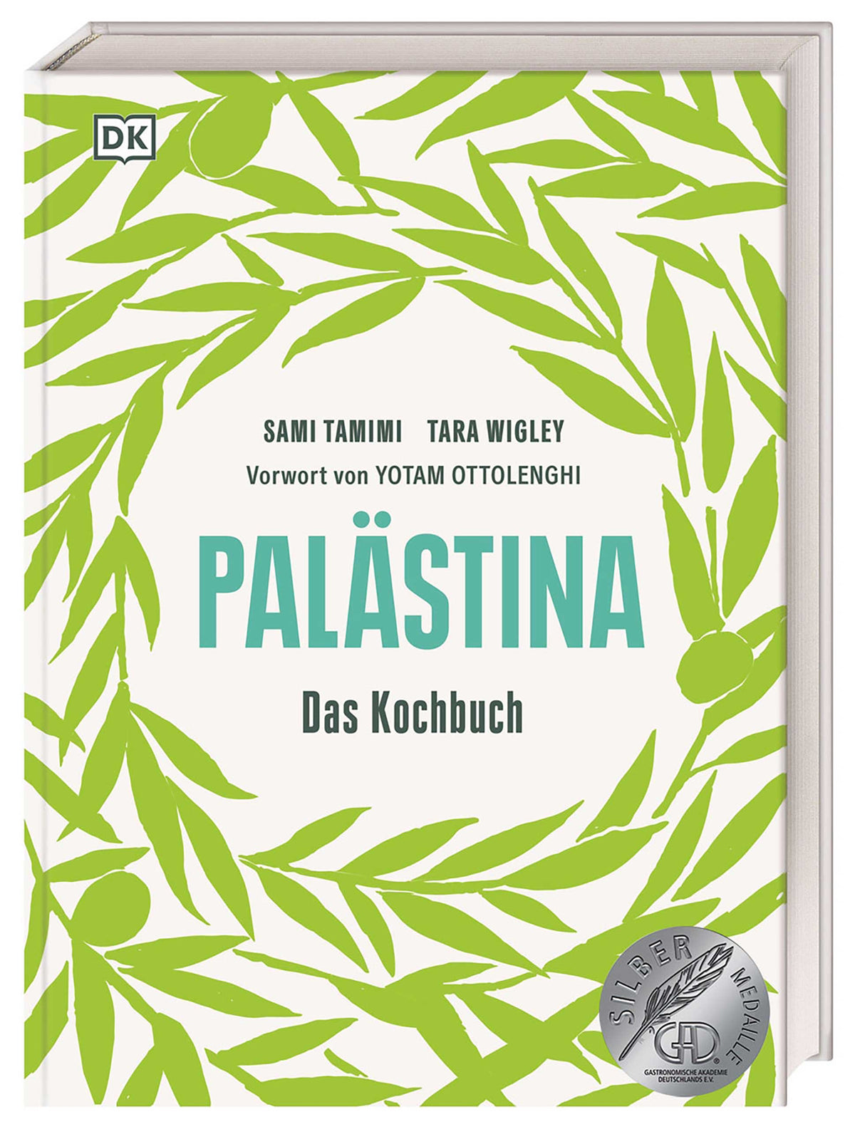 Geschenkset Palästina Buchcover mit grünen Olivenzweigen und silbernem Auszeichnungsabzeichen.