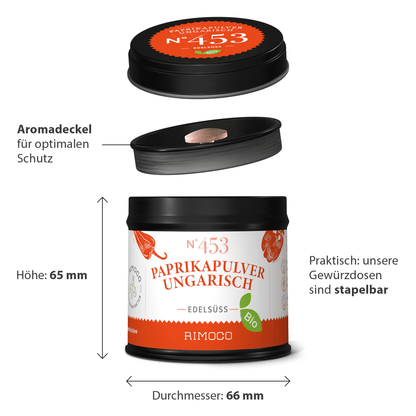 Bio Paprikapulver ungarisch edelsüß in schwarzer und oranger Dose mit stapelbarem Deckel.
