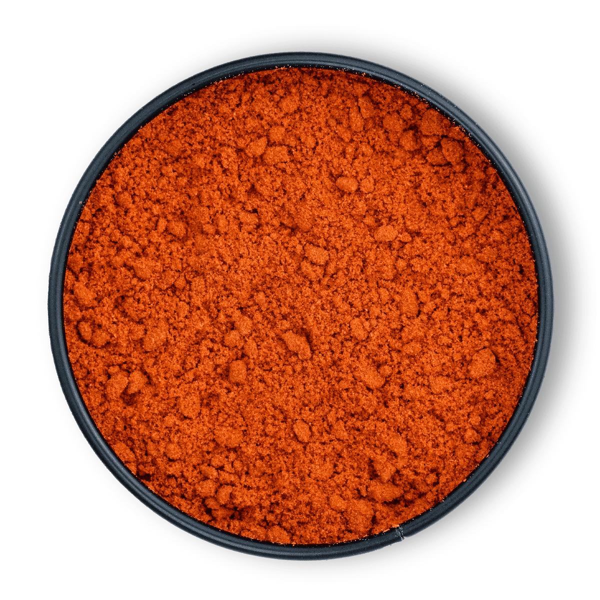 Runde schwarze Dose Bio Paprikapulver ungarisch scharf, von oben auf weißem Hintergrund.