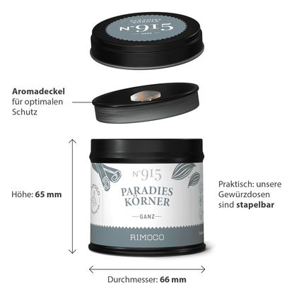 Runde, klammerbare Gewürzdose mit schwarzem Deckel und Etikett Paradieskörner.