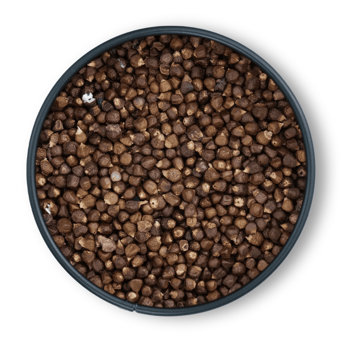 Runde Schale mit kleinen, braunen Paradieskörner-Trockenfutterstücken von oben auf weißem Hintergrund.