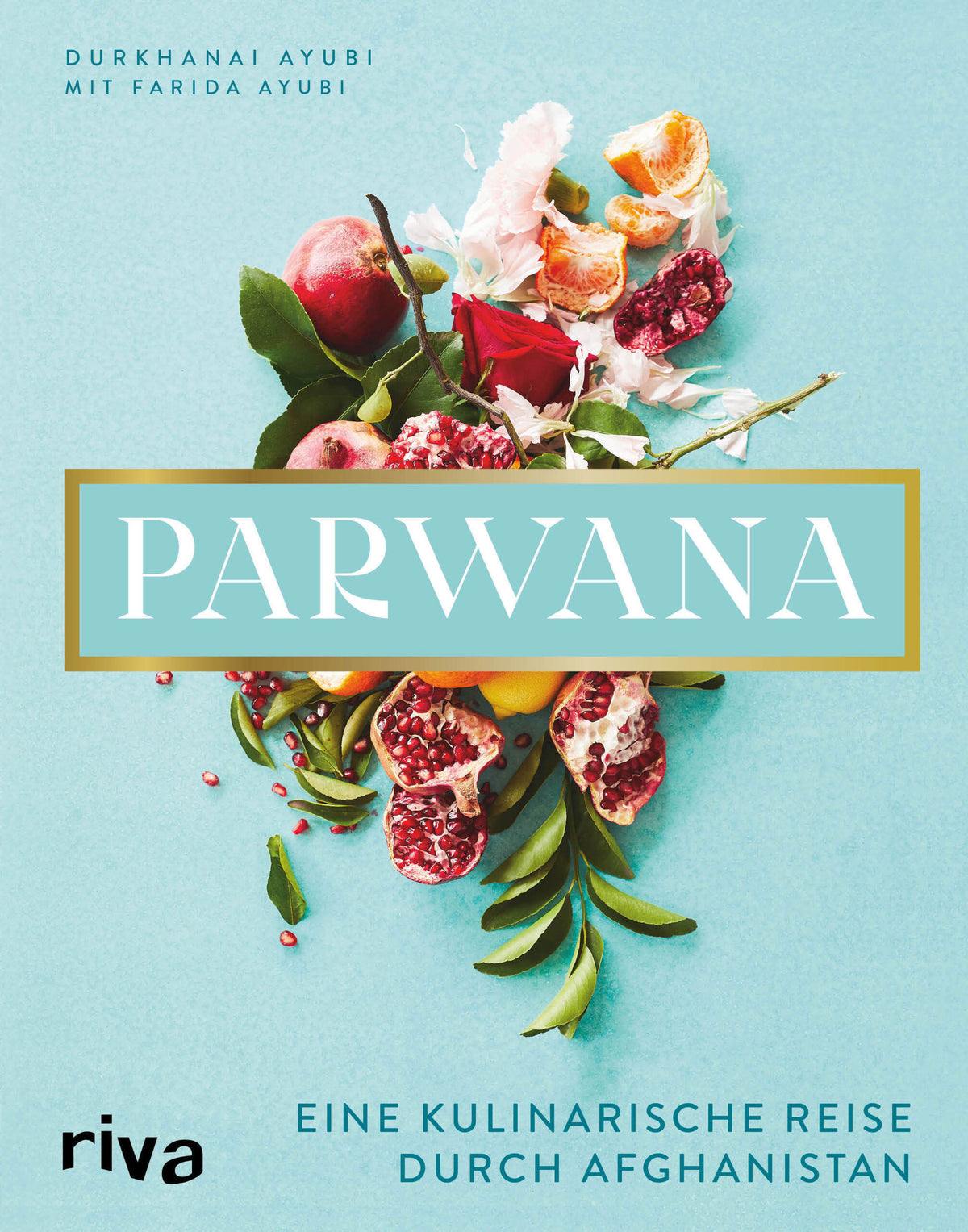 Geschenkset Parwana Cover mit Obst, Blumen und Titeltext auf blauem Hintergrund.