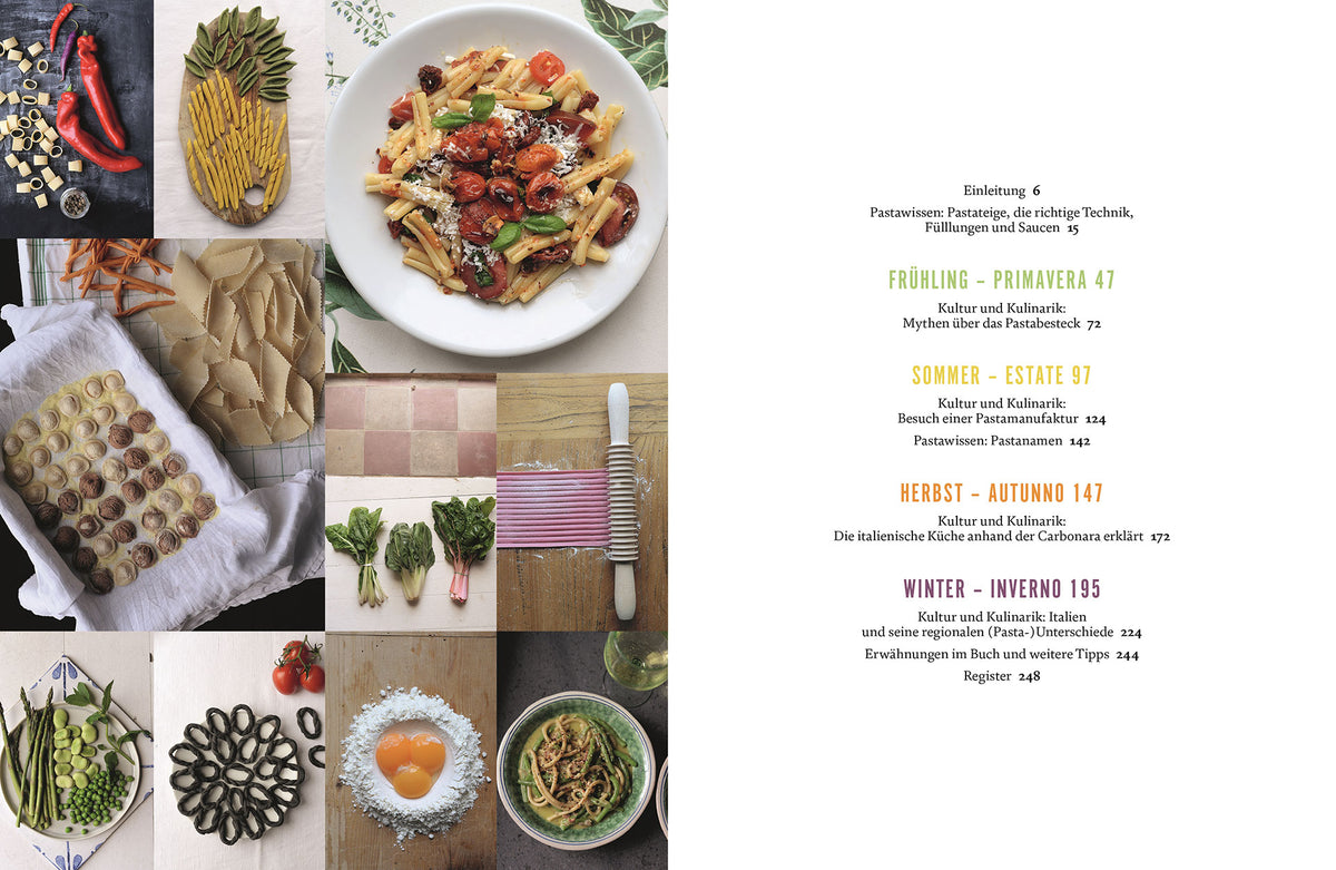 Collage mit Pasta-Zutaten, frischer Pasta und Gerichten; rechtes Inhaltsverzeichnis des Kochbuchs.