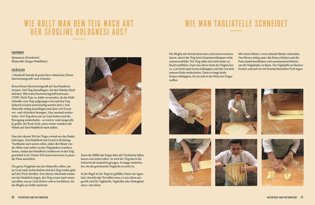 Pasta wird in mehreren Schritten mit einem Messer geschnitten, Hände und Teig sind sichtbar.