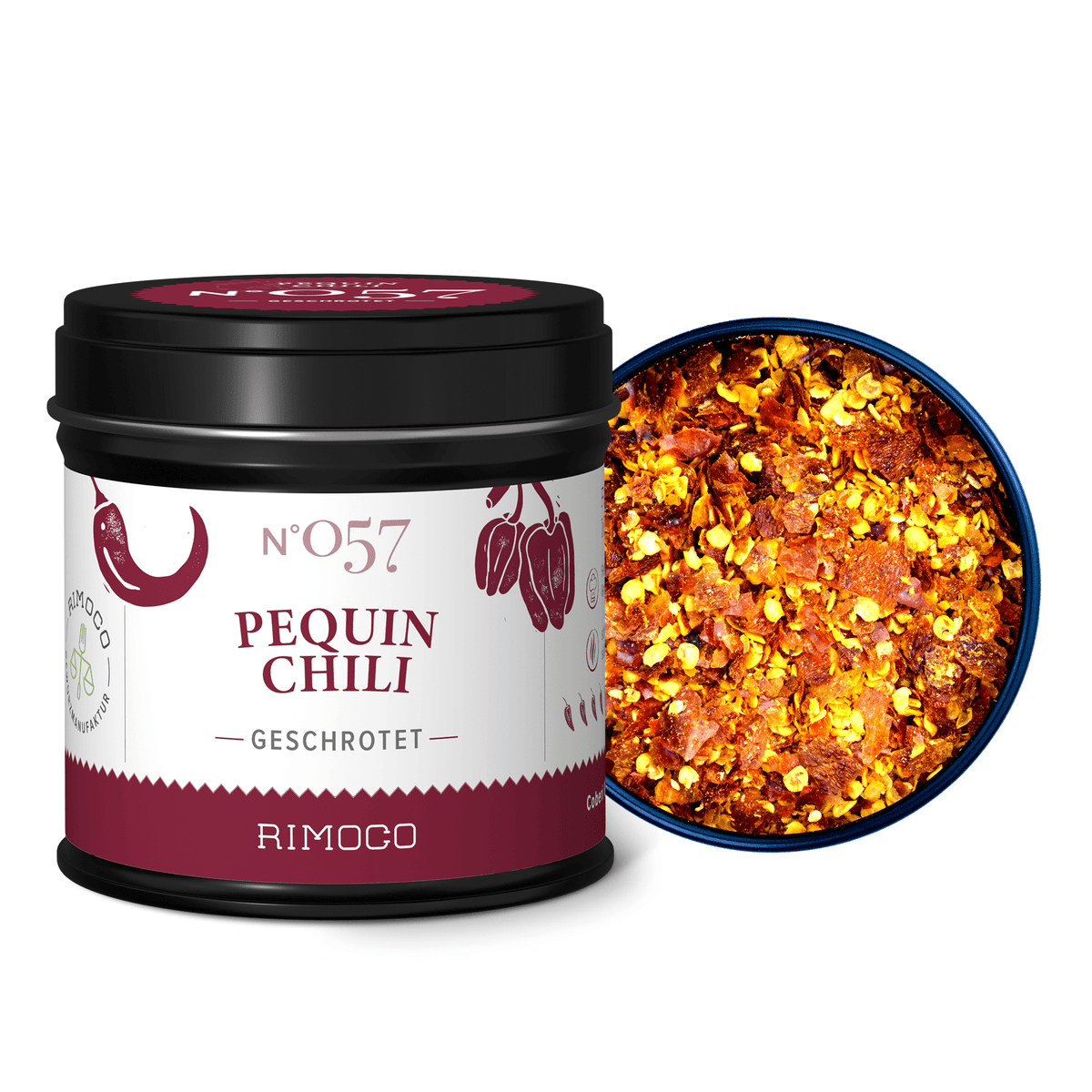 Geöffnete Dose mit gemahlenem Pequin Chili, das rot und fein gemahlen sichtbar ist.