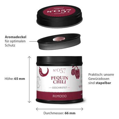 Runde Dose Pequin Chili gemahlen mit schwarzem Deckel, deutschem Etikett und Schärfeskala.