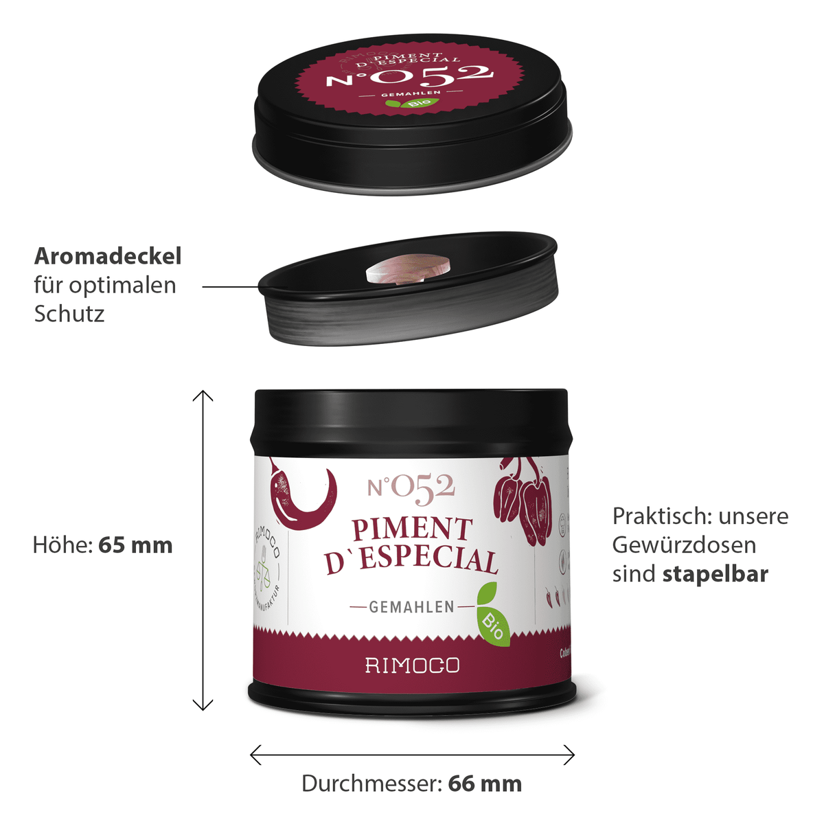 Bio Piment dEspecial Dose, schwarz mit Deckel und deutscher Aufschrift, Gorria Chili, stapelbar.