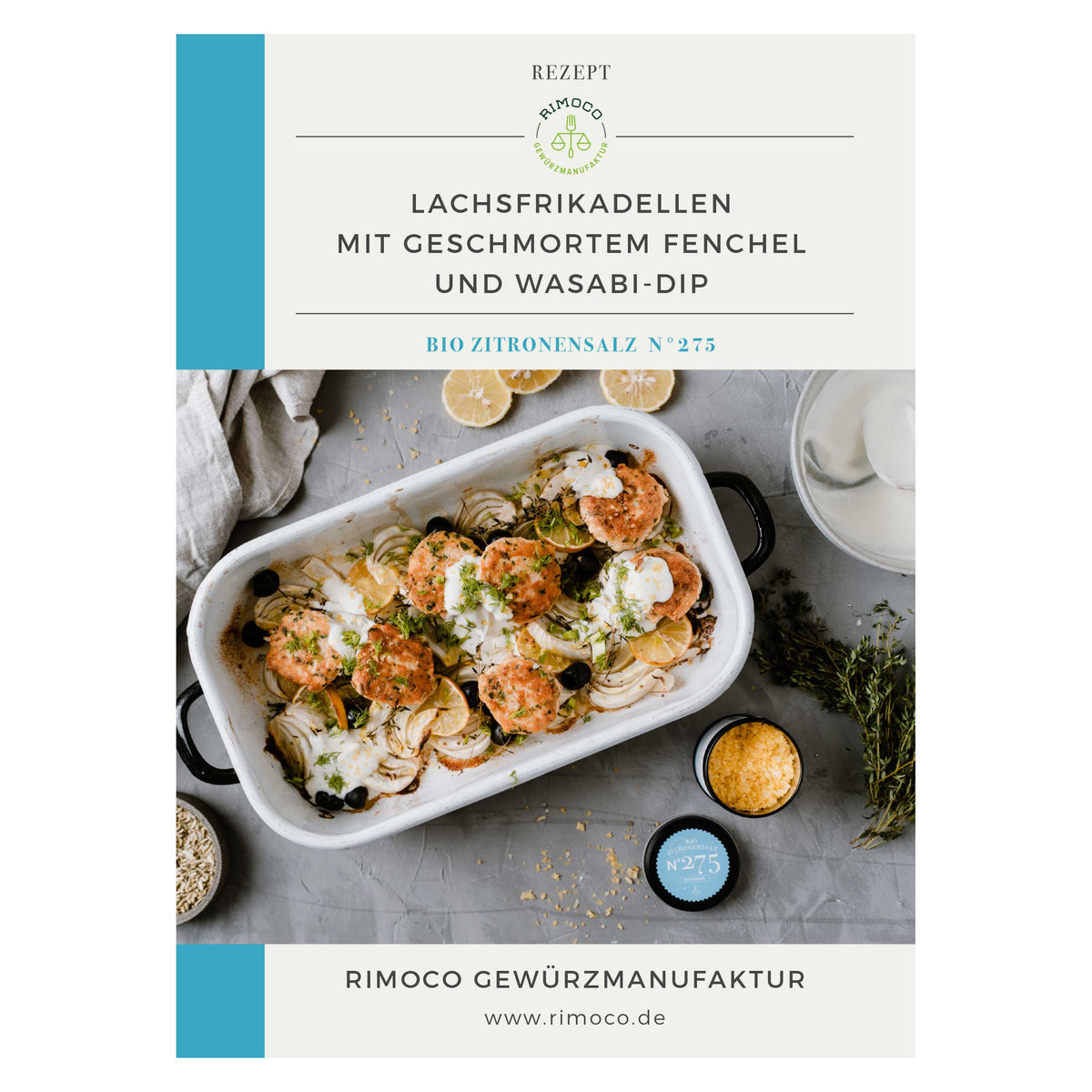 Gebackene Lachspatties mit Fenchel, Mediterrane Gewürze Probierset, Wasabi-Dip und frische Kräuter.