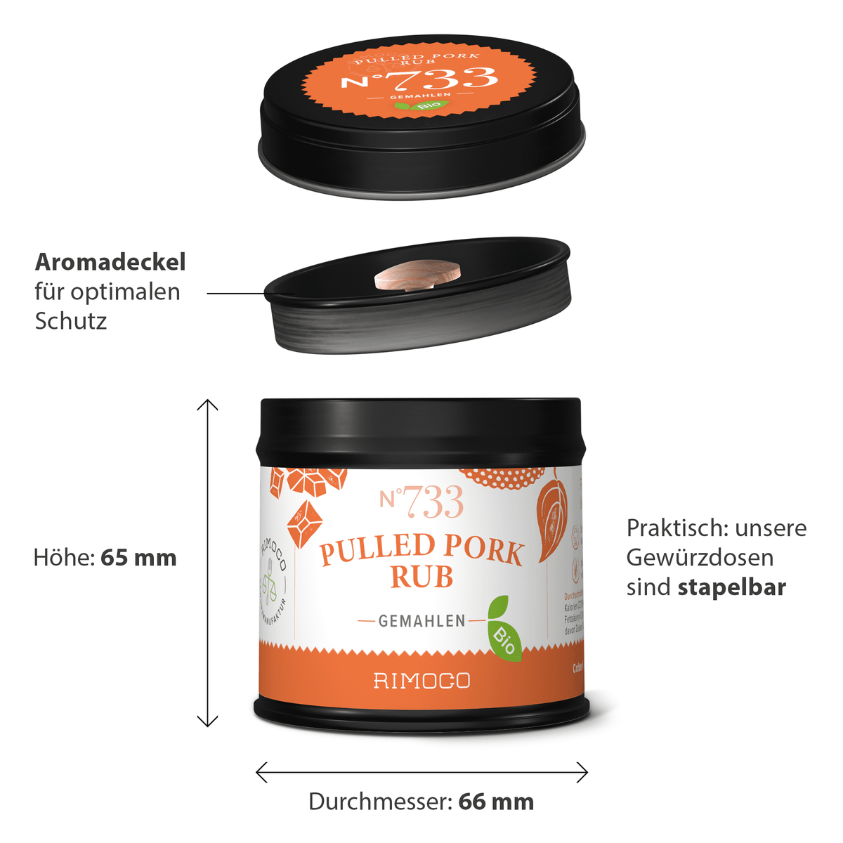 Runde Dose mit Aufschrift Bio Pulled Pork Rub in Orange und Schwarz.