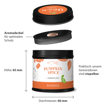Bio Pumpkin Spice Dose in Orange und Schwarz mit Aufschrift Ceylon Zimt und Muskatblüte.