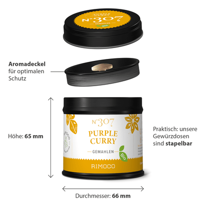 Bio Purple Curry in runder stapelbarer Dose mit beschriftetem Deckel, Zitrone abgebildet.