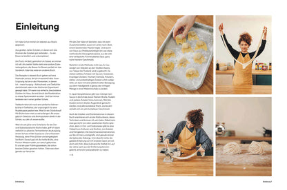Vier Fotos: Frau macht Ramen, Schüsseln und Teigtaschen. Links deutscher Text mit Überschrift Einleitung.