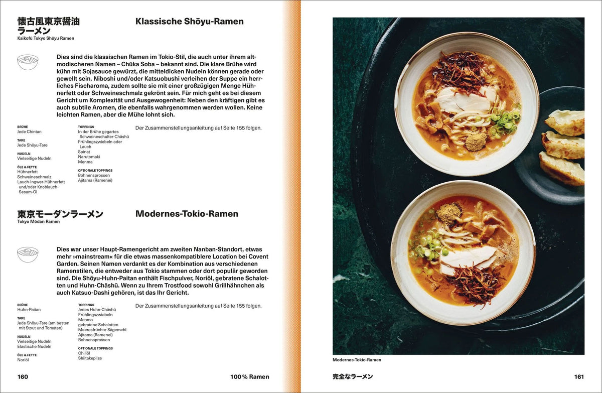 Zwei Schalen Ramen auf dunkler Fläche neben dem zweisprachigen Kochbuch Ramen Forever.