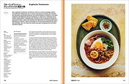 Schüssel Ramen mit Toppings neben geöffnetem Buch Ramen Forever.