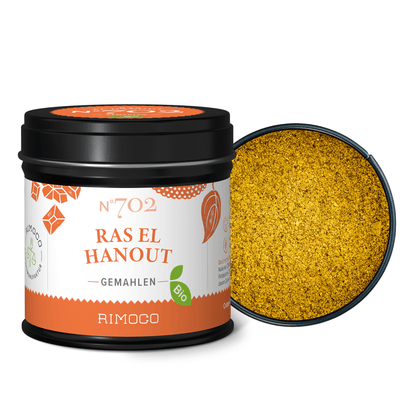 Bio Ras el Hanout, geöffnete Dose, Gewürzmischung im Inneren sichtbar.