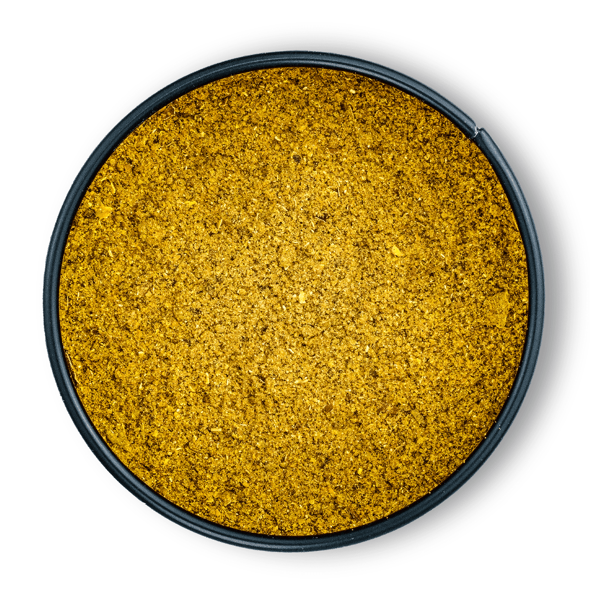 Bio Ras el Hanout, runder Behälter von oben auf weißem Hintergrund.